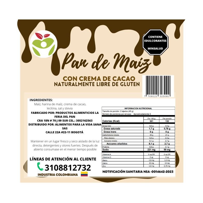 Pan de Maíz con Crema de Cacao Vida Sana - 350g - Artemisa Productos Naturales
