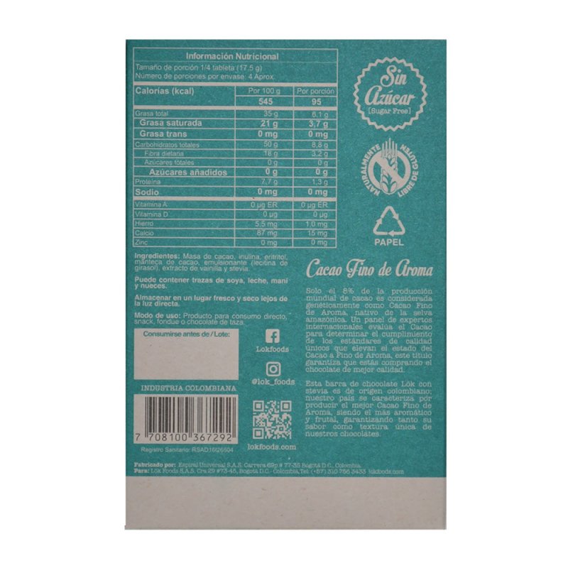 Barra de chocolate Lok 65% con Stevia x 70gr - Artemisa Productos Naturales