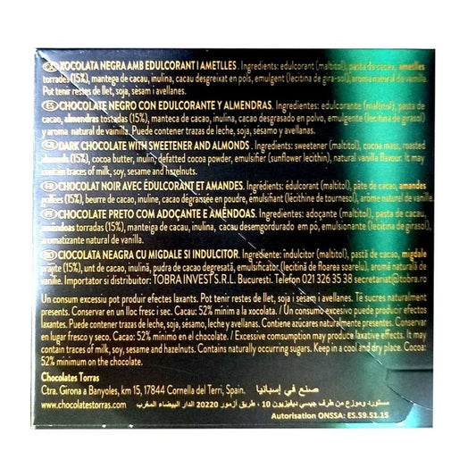 Chocolate Zero con almendras enteras sin azúcares añadidos x 150 gr - Artemisa Productos Naturales