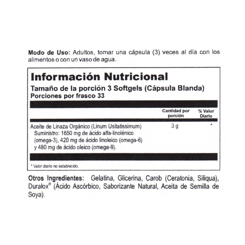 Flaxseed Oil orgánico x 99 softgels 1000 mg - Artemisa Productos Naturales