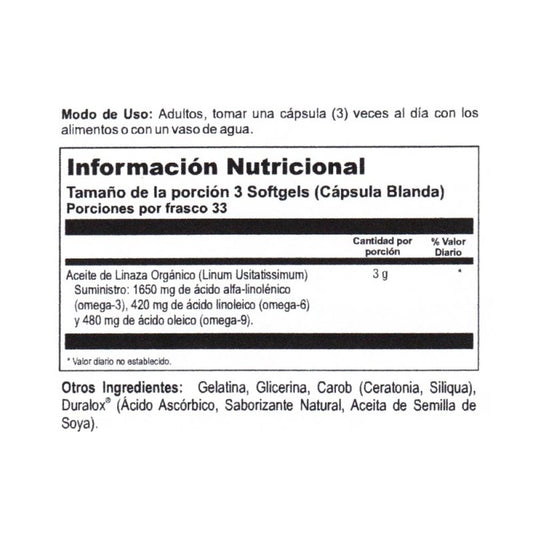 Flaxseed Oil orgánico x 99 softgels 1000 mg - Artemisa Productos Naturales