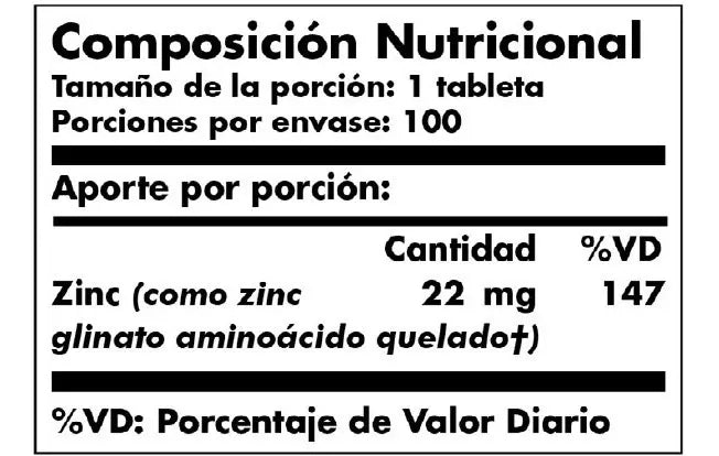 Chelated Zinc x 100 tabletas vegetarianas