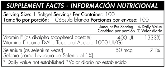 Información nutricional Vitamina E 400 IU con Selenio x 100 softgels - Healthy America