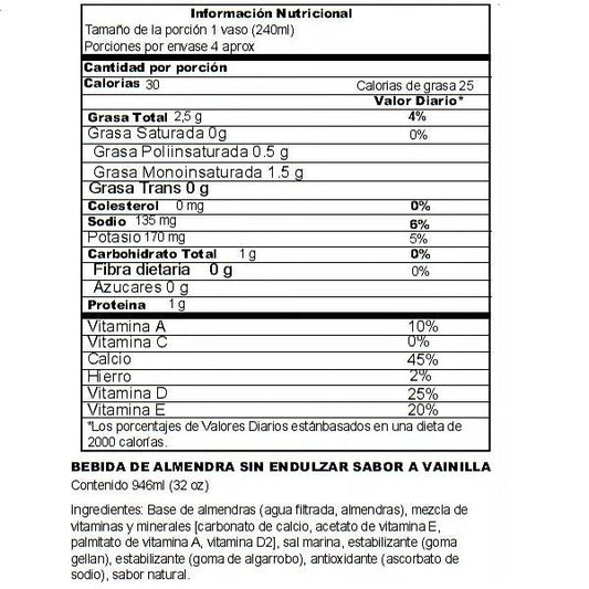 Bebida de Alemendra vainilla sin azúcar x 946 ml - Artemisa Productos Naturales