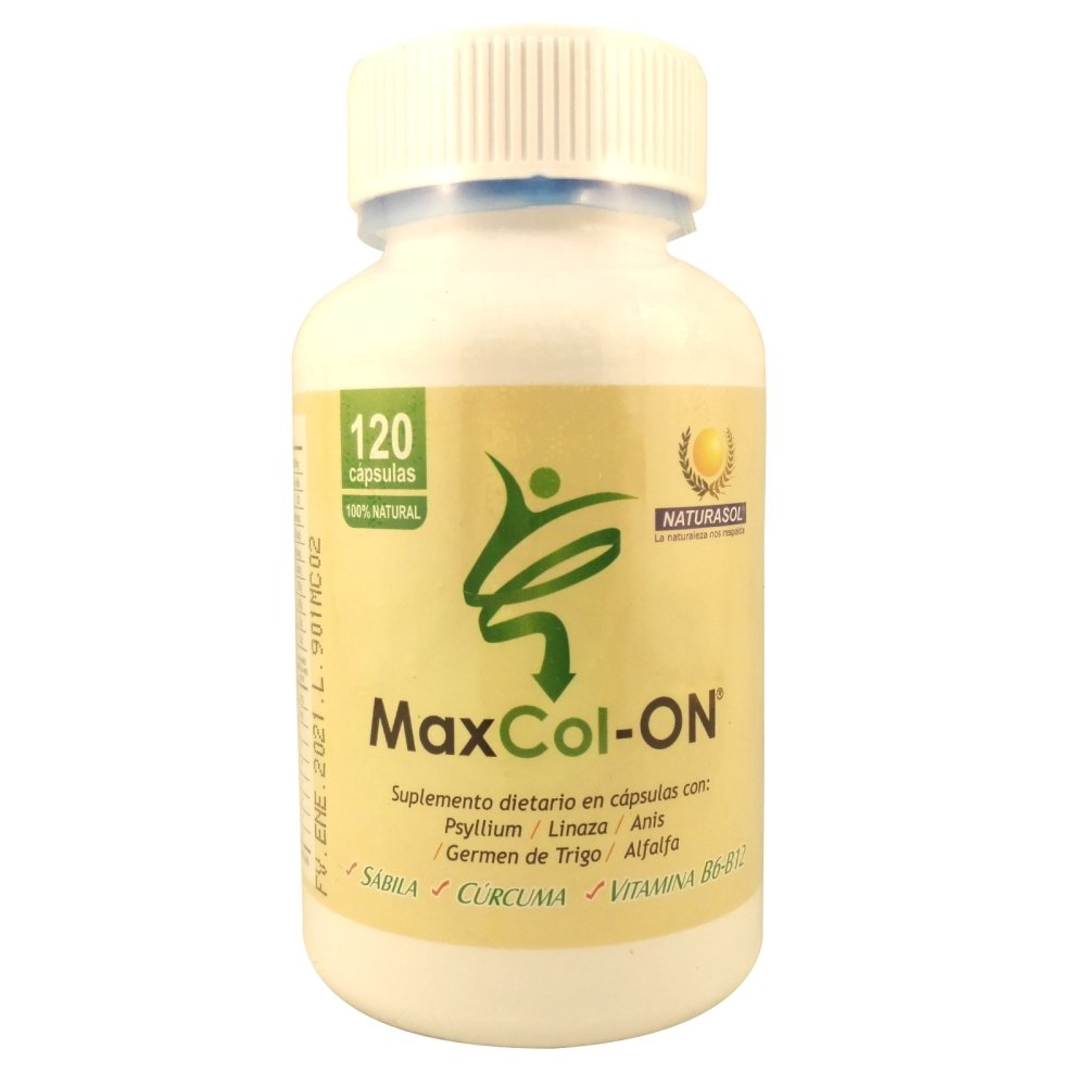 Max-Colon x 120 cápsulas con Psyllium, Linaza, Anís, Germen de Trigo, Alfalfa, Sábila, Cúrcuma, Vitaminas B6 y B1. - Artemisa Productos Naturales