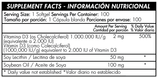 Vitamina D3 2000 IU x 100 softgels - Artemisa Productos Naturales